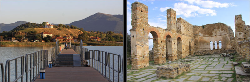 Brücke zur Insel Agios Achillios (li) und die Agios Achillios Basilika (re)  / Pontoon bridge to the Island Agios Achillios (l) and the Agios Achillios Basilica (r)