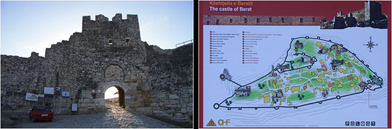 Burg-Eingang (li) und Plan der Burg (re) / Entrance to the castle (l) and plan of the castle (r)