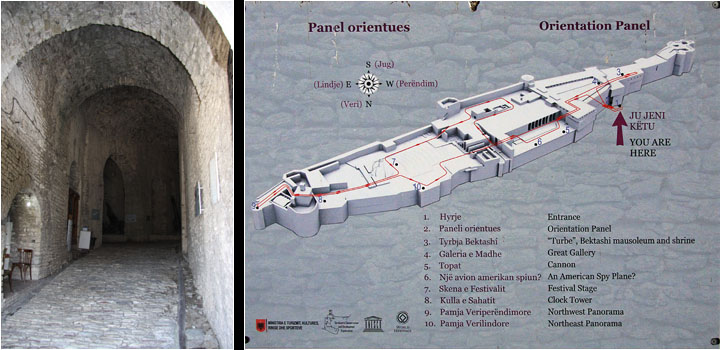 Burgeingang (li) und Plan der Burg (re) / Entrance to the castle (l) and plan of the castle (r)