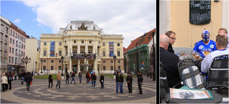 Slowakisches Nationaltheater (li) Eishockey Fans (re) / Slovakian National Theatre (l) Icehockey fans (r)